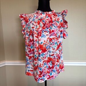 Floral Ruffle Sleeve Blouse | Red Pink Blue Print | High Neck | Size M
